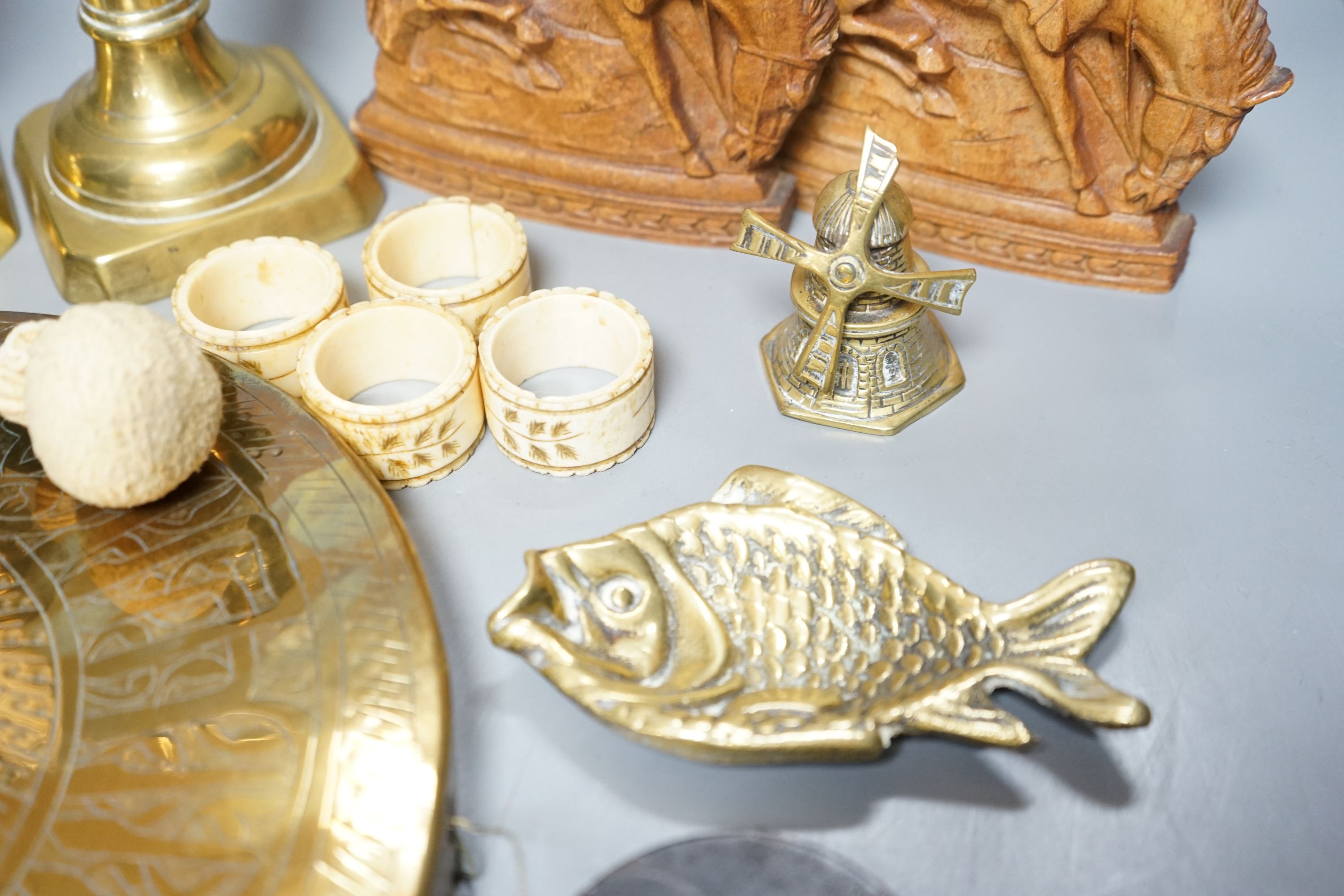 Mixed brass wares, candlesticks, gong etc together with mixed collectibles - music box, ivory, bone etc